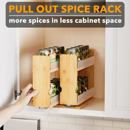 SpaceAid Bamboo Pull Out Spice Rack Organizer for Cabinet, Heavy Duty Slide Out Seasoning Kitchen Pantry Sliding Vertical Organization, 7.6" Wide, 3 Drawers(2" Wide), 2-Tier, Natural