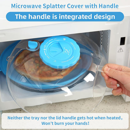 Microwave Splatter Cover Lid for Food 10.2 Inch with Water Steamer, Clear Microwave Splash Guard Cooker Lid with Plate, Dish Bowl Plate Serving Cover Cookware High Transparent Plastic Black