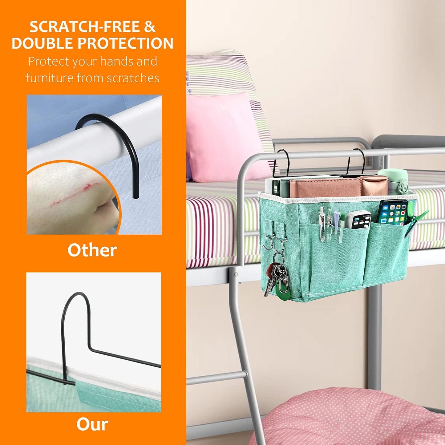 Surblue Bedside Caddy Bedside Storage Bag Hanging Organizer for Bunk, Hospital Beds, Dorm Rooms Bed Rails Camp 4 Pockets and 2 Hooks (Skyblue)