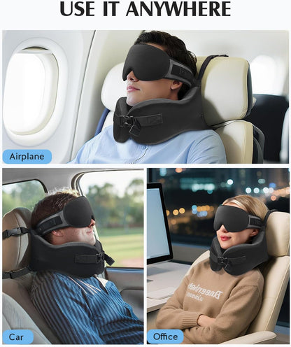 YFONG Travel Pillow with Head Support & Sleep Mask for Long Flights, Black | Patented 360° Support System, Prevents Bobbing, Airplane Head Strap, 3D Eye Mask, Memory Foam Neck Pillow, Travel Essential