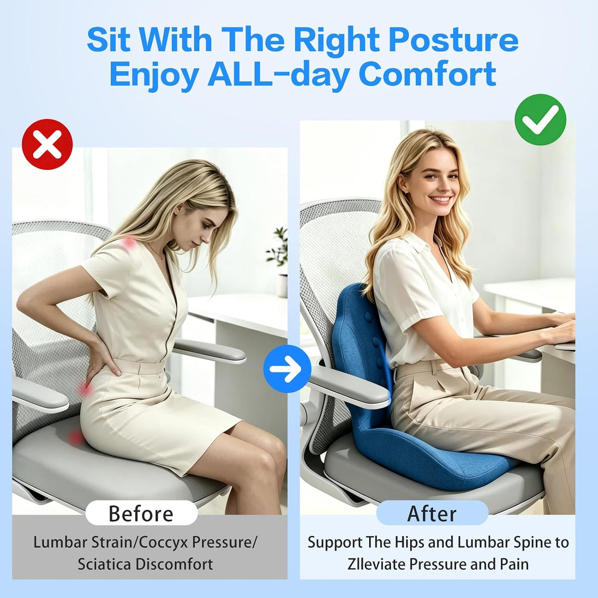 Memory Foam Seat Cushion with Lumbar Support for Sciatica & Tailbone Pain Relief, Fit Office Chair, Wheelchair, Car Seat, Airplane, Long Sitting Workers & Drivers (Gray)