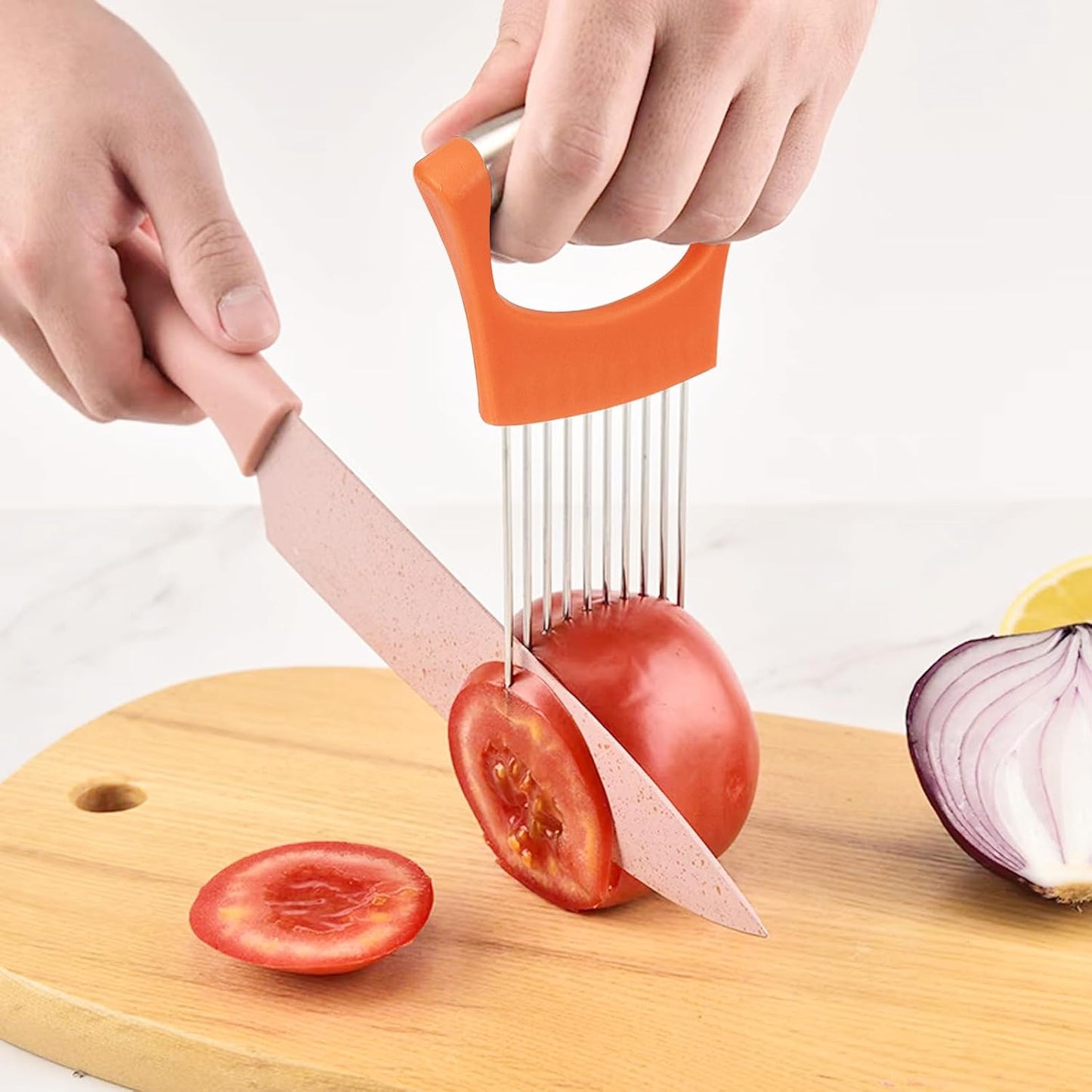 Stainless Steel Onion Holder for Slicing,Onion Slicer Holder,Kitchen Gadget | Green Onion Slicer Holder, Onion Cutter for Slicing of Onions, Tomatoes, Avocados, Eggs and Other Vegetables