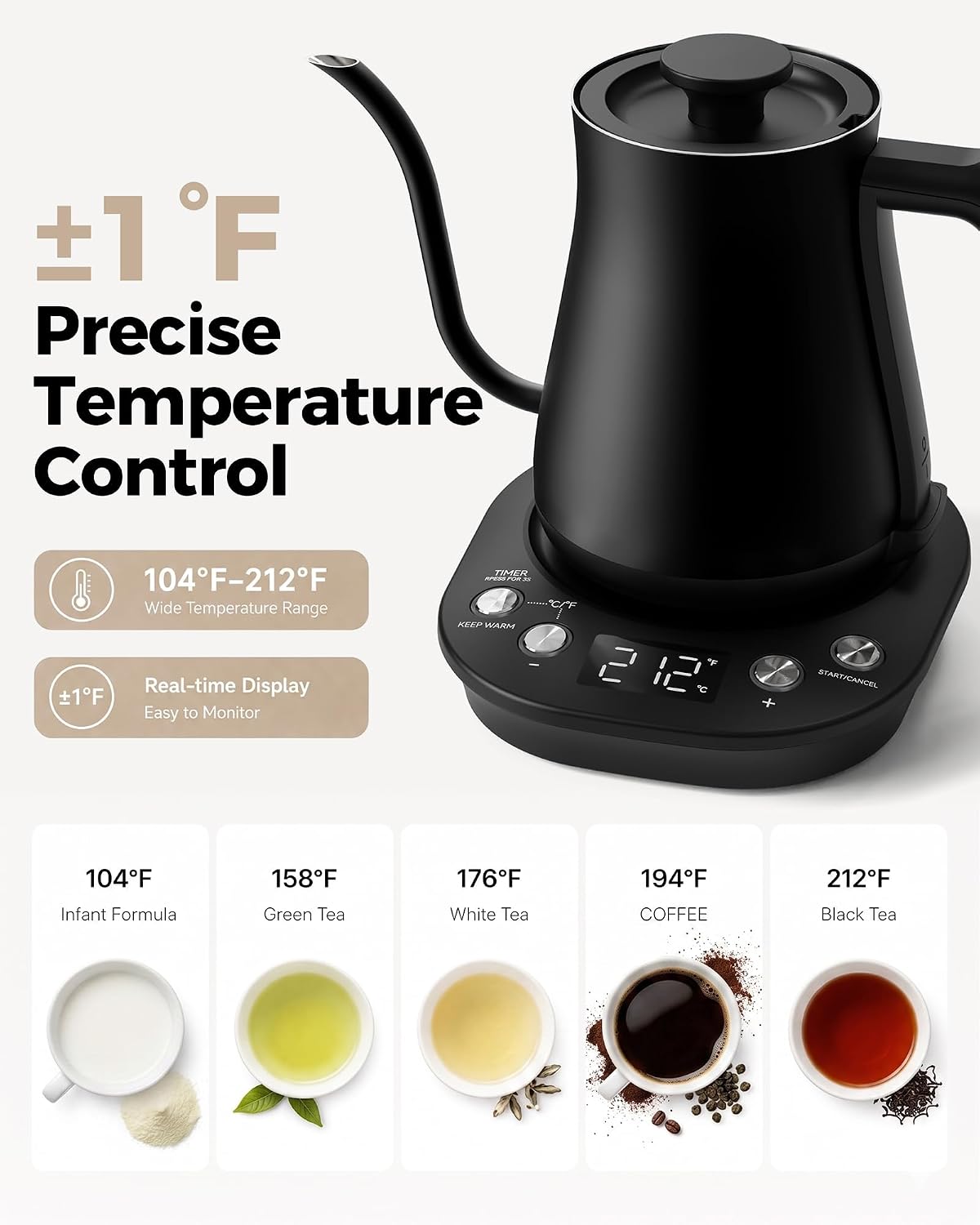 Gooseneck Electric Kettle with ±1℉ Temperature Control, 304 Stainless Steel Interior, BPA Free, 1200 Watt Rapid, Brew Timer, Automatic Shut Off for Pour Over Coffee, Brew Tea（Matte Black）