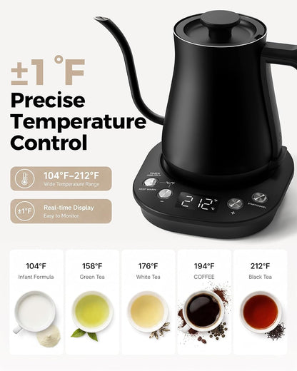 Gooseneck Electric Kettle with ±1℉ Temperature Control, 304 Stainless Steel Interior, BPA Free, 1200 Watt Rapid, Brew Timer, Automatic Shut Off for Pour Over Coffee, Brew Tea（Matte Black）