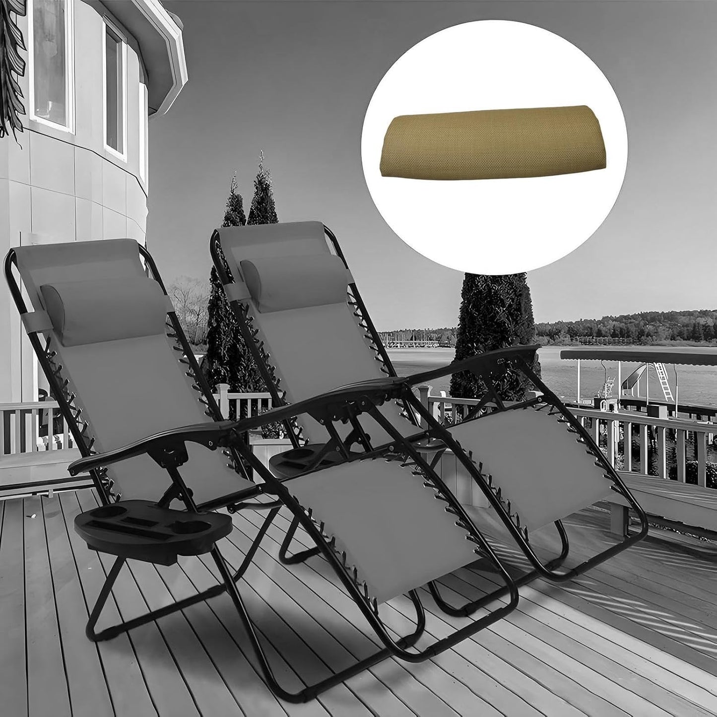 Chaise Lounge Head Pillow Neck Support Cushion Soft Removable with Elastic Band Recliner Headrest Pillow for Office Garden, Khaki