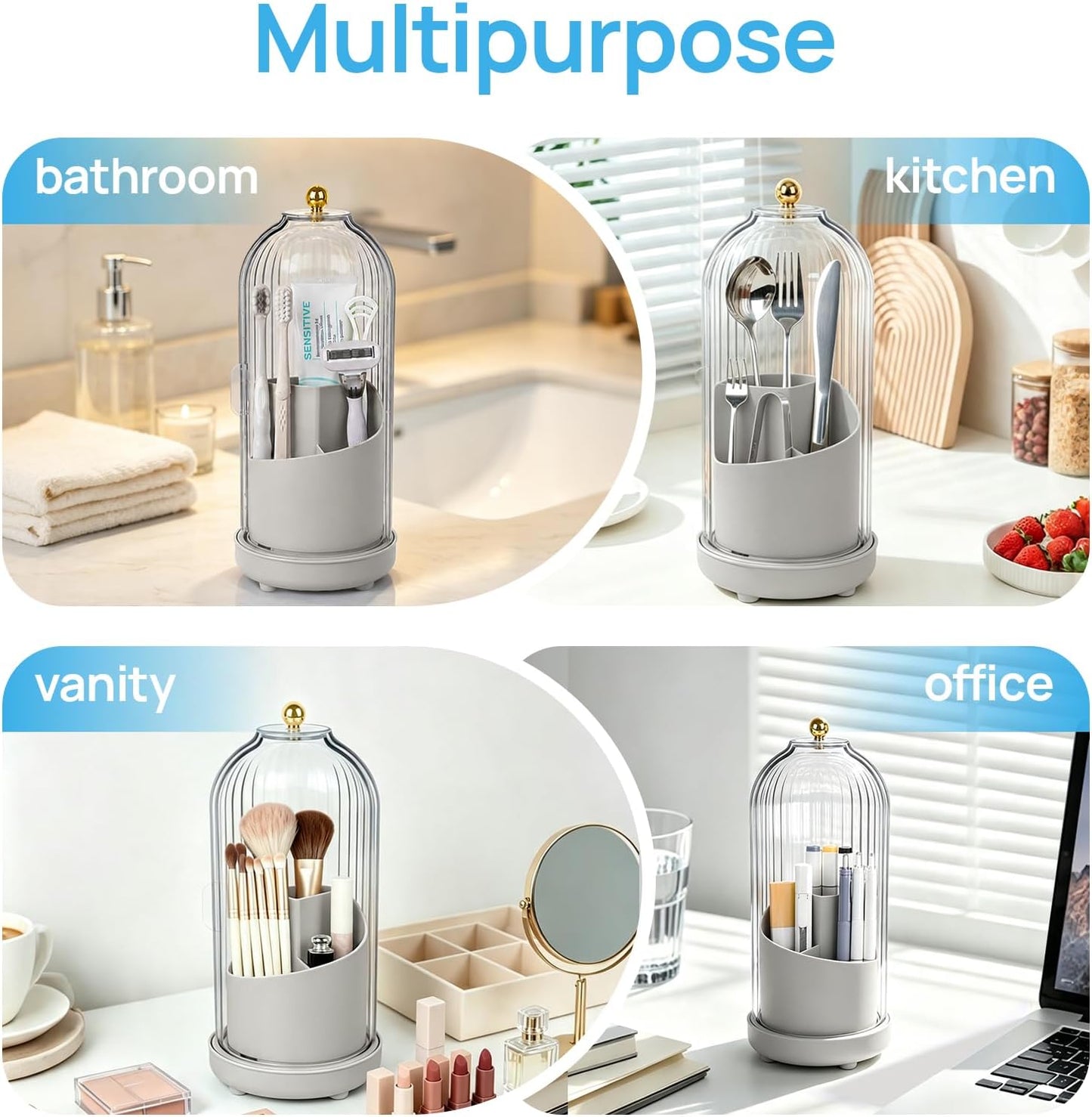 Toothbrush Holders with Cover Toothpaste Organizer for Bathroom, White | 360° Rotating, Dustproof Sliding Lid, Drainage Holes, Waterproof, for Kids Electric Toothbrush Makeup Brush Storage
