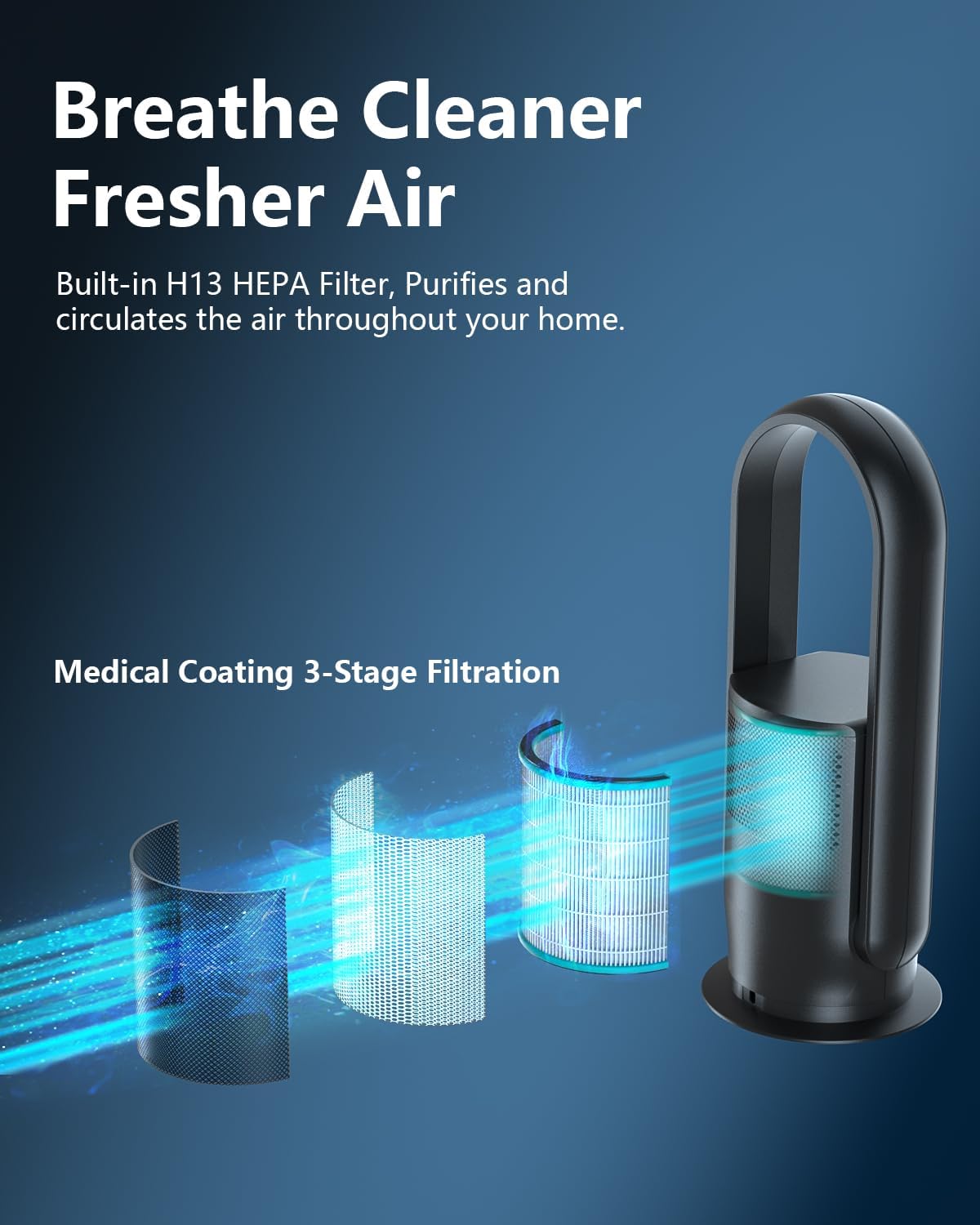 ULTTY Bladeless Tower Fan and Air Purifier Combo, Quiet Oscillating Fan with Remote & Touch Control, 9 Speeds, 8H Timer, HEPA Air Filter, Safe Floor Fan for Bedroom Home Office Black, 23.5"inch
