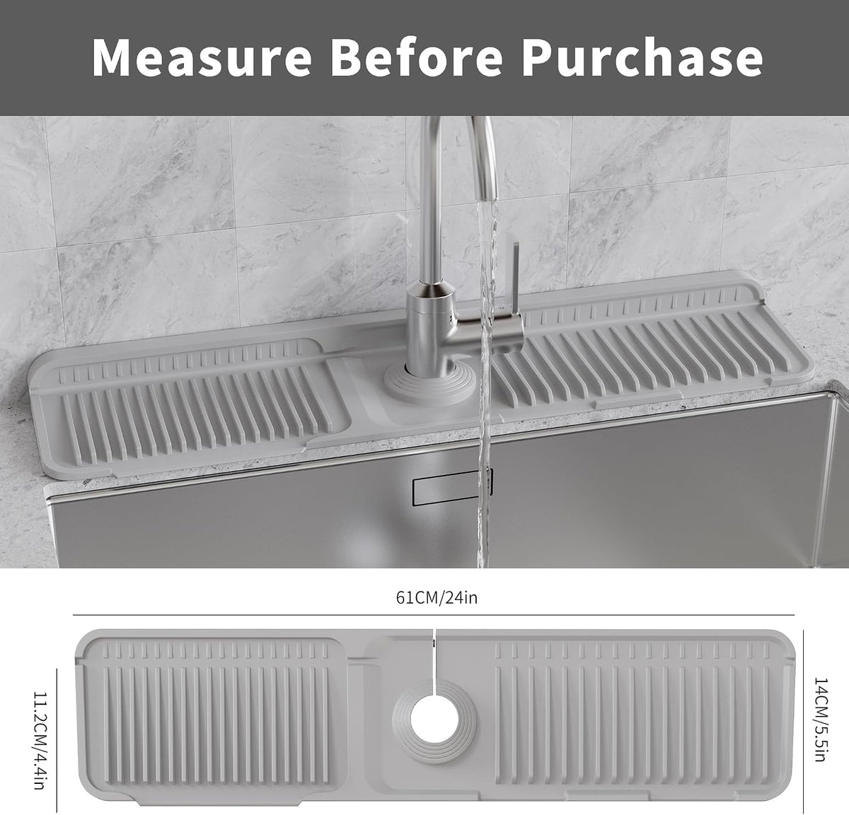 WAFT YEARN 24X5 Inch Silicone Durable Faucet Mat Kitchen Sink Splash Guard Draining Protector Tray Liner Absorbent Protective Counter Accessories For Sink Kitchen Bathroom Laundry Room Bar & RV Grey