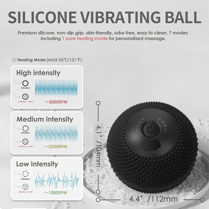 Heating Vibrating Massage Ball with 7 Modes & Memory Function for Myofascial Release, Deep Tissue and Trigger Point Muscle Therapy - Targets Back, Hip, Leg, Neck & Foot (Black)