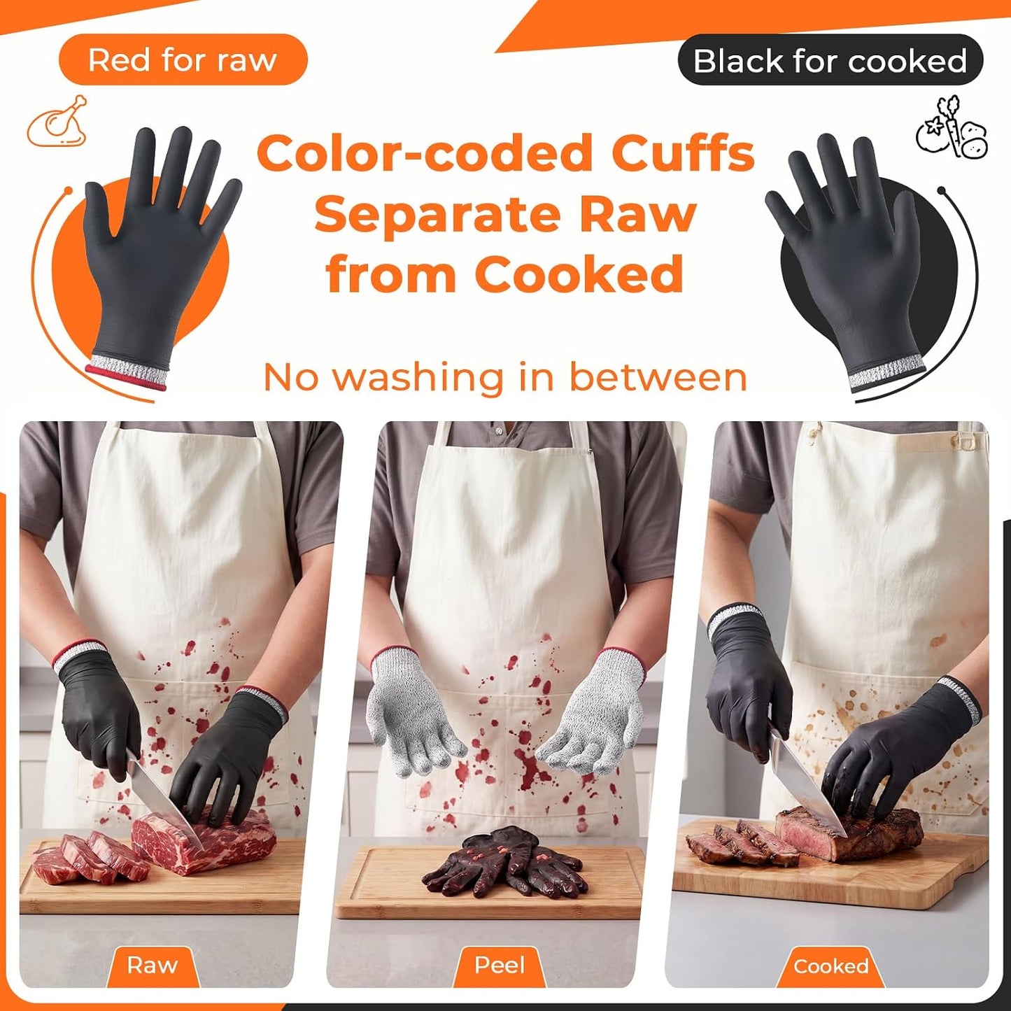 Dowellife A5 Cut Resistant – Rarely Need Wash, with Nitrile Outer Gloves, Red/Black Cuffs, 13-Gauge Flexible Kitchen Gloves for Mandoline & Oyster – 2 Pairs + 50 Outer. (Medium)