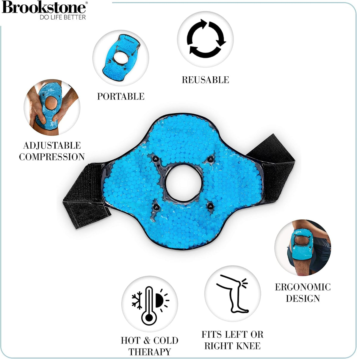 Brookstone Knee Ice Pack Wrap with Silica Beads - Hot & Cold Therapy for Pain Relief - Reusable Ice Packs for Knees for Swelling, Injuries & Post-Surgery Recovery, Ideal Mothers Day Gift, Azure Blue