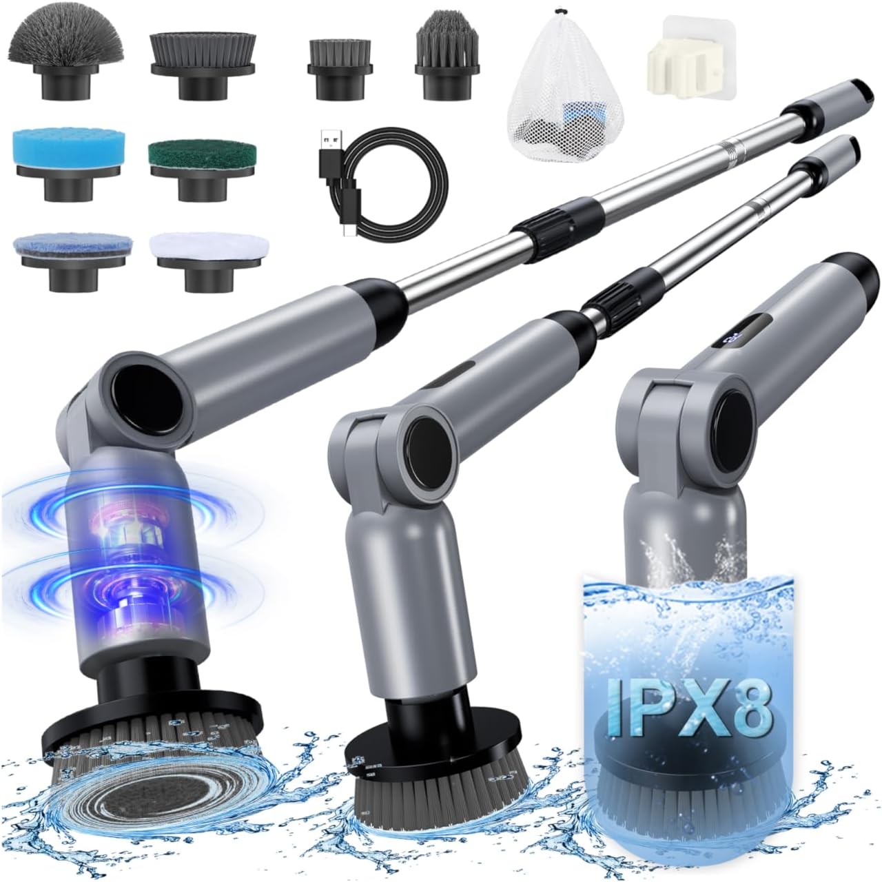 Electric Spin Scrubber, [IPX8 Waterproof ] [50KG Torque]- Gray | Shower Scrubber with 9 Brush Heads, 2 Speed Mode, 4 Adjustable Angles, Electric Brush for Cleaning for Bathroom Floor Tile