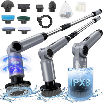 Electric Spin Scrubber, [IPX8 Waterproof ] [50KG Torque]- Gray | Shower Scrubber with 9 Brush Heads, 2 Speed Mode, 4 Adjustable Angles, Electric Brush for Cleaning for Bathroom Floor Tile
