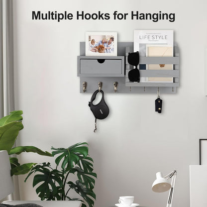 Lwenki Wall Mount Key Holder with Mail Organizer, 100% Paulownia Wood, 7 Metal Hooks, Storage Drawer, Entryway Home Decor (Brown)