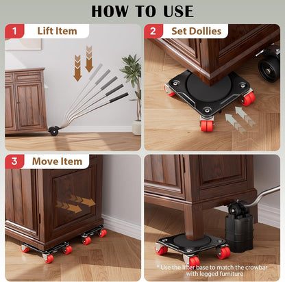 ONEON Heavy Duty Furniture Movers with Wheels Dolly with Auxiliary Lifter, All-New Upgraded Carbon Steel Panels & Dual-Wheeled Casters, Supports up to 1650 lbs (L)