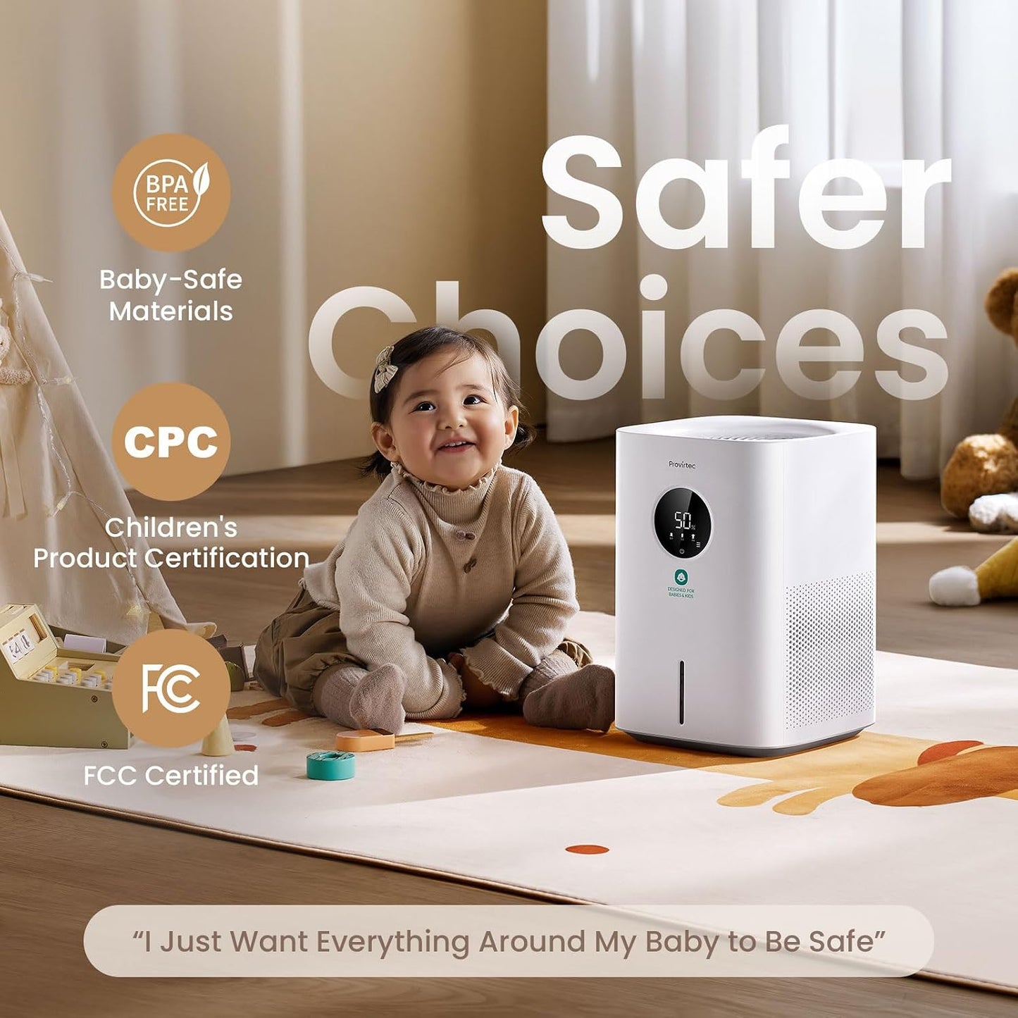 Provirtec Pro Baby Evaporative Humidifier for Bedroom, Easy Clean for Kids | MistFree & No White Dust, 3 Age-Modes, BPA-Free, 16dB Quiet Sleep Mode, Auto Humidity Control, 4L Tap Water Safe for Nursery