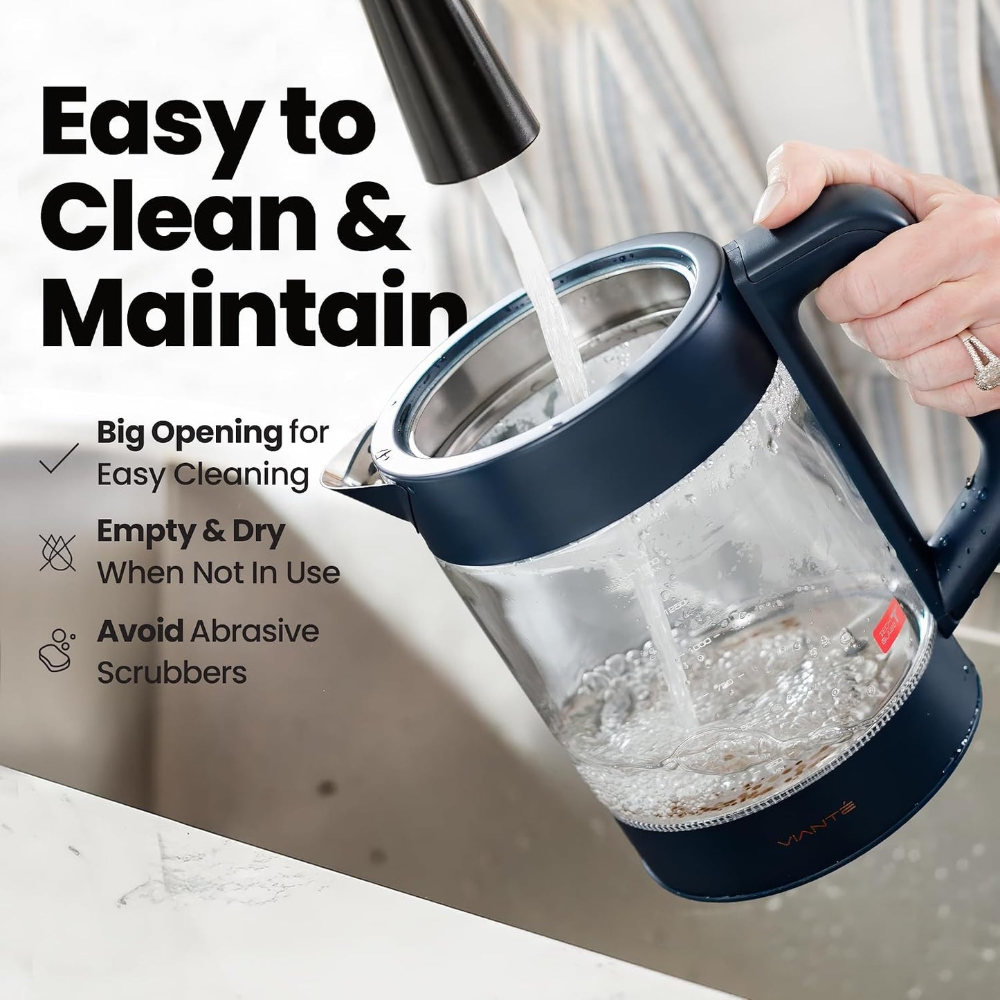 Viante Alba Electric Tea Kettle With Infuser, No Plastic, 1.5L | Borosilicate glass & 304 stainless steel construction. 4 temp presets, keep-warm, cordless, auto shut-off