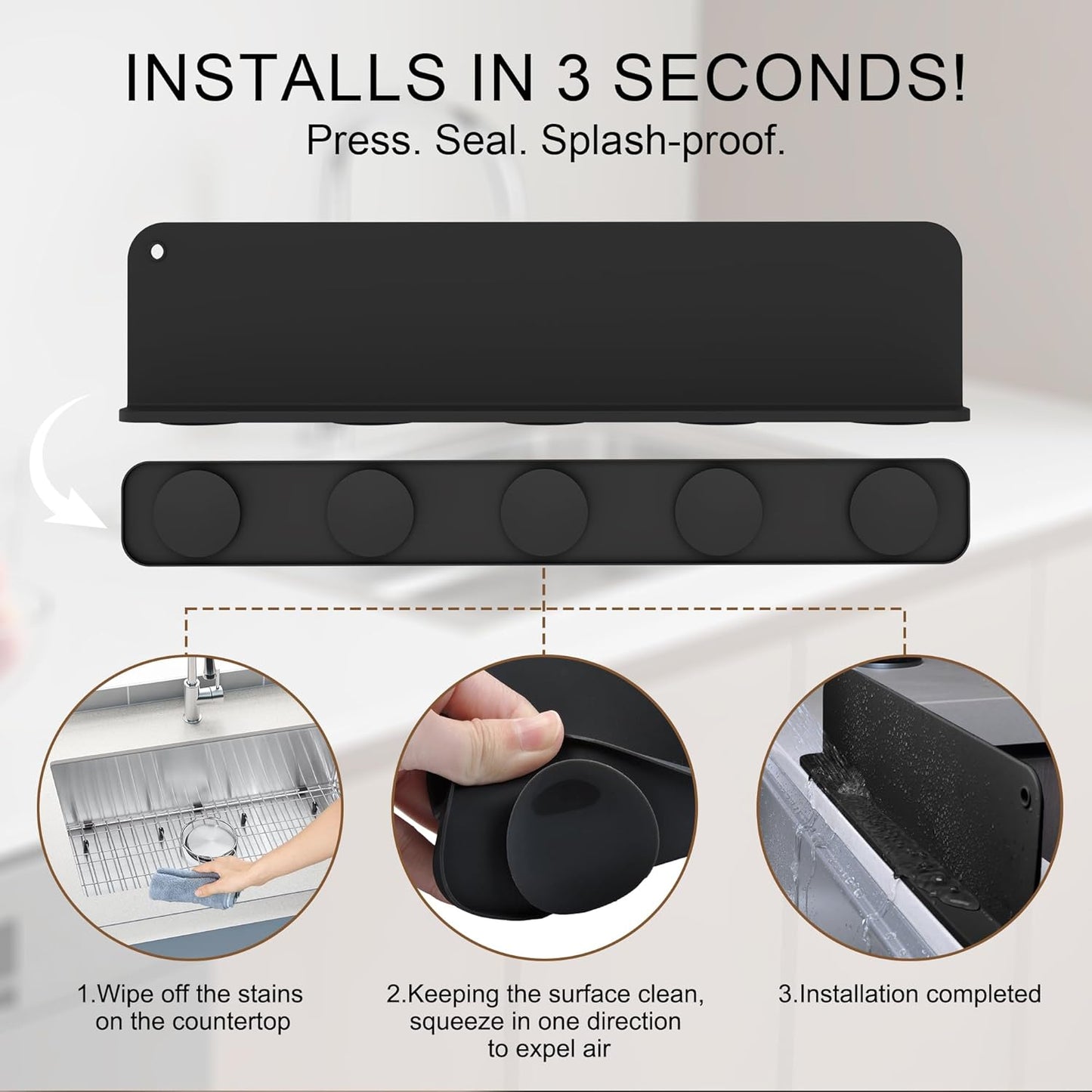 Mofason Silicone Sink Splash Guard for Kitchen Water Splash Guard, Black | 17.3"x4.1" sink splash guard for kitchen sink area suction cups, sink backsplash guard Fits front edge counter behind faucet