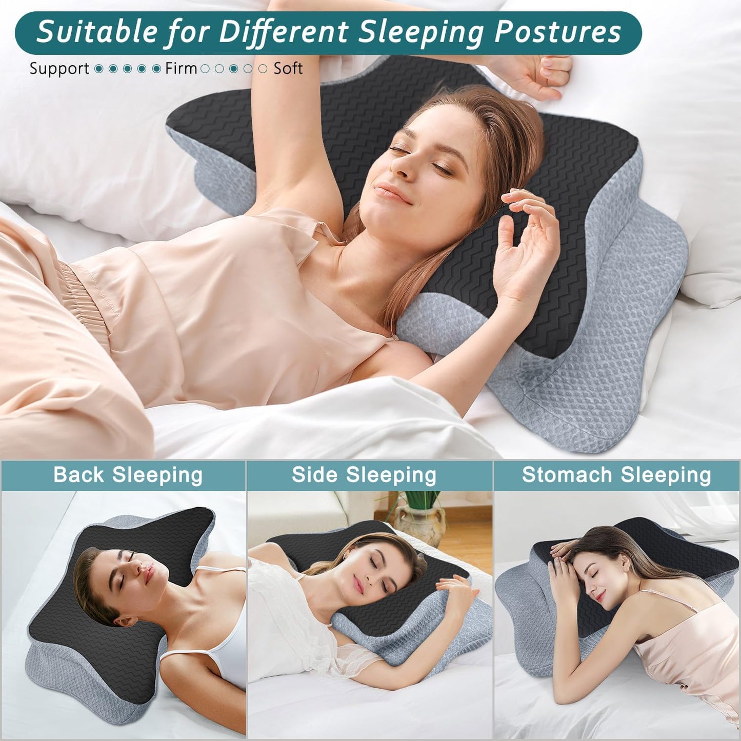 CHxxy Memory Foam Pillows, Cervical Pillow for Neck & Shoulder Pain Relief | Ergonomic Contour Bed Pillow, Soft for Side Sleep Stomach Sleeping and Back Sleeper-Queen Size&Grey
