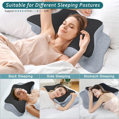 CHxxy Memory Foam Pillows, Cervical Pillow for Neck & Shoulder Pain Relief | Ergonomic Contour Bed Pillow, Soft for Side Sleep Stomach Sleeping and Back Sleeper-Queen Size&Grey