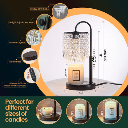 Candle Warmer Lamp with Timer Dimmer，2H/4H/8H Timer , Lamp Candle Warmer with Marble Base for Adjustable Height, Crystal Wax Melt Warmer for Jar Candles, House Warming Decor Gifts Mothers Day Gifts
