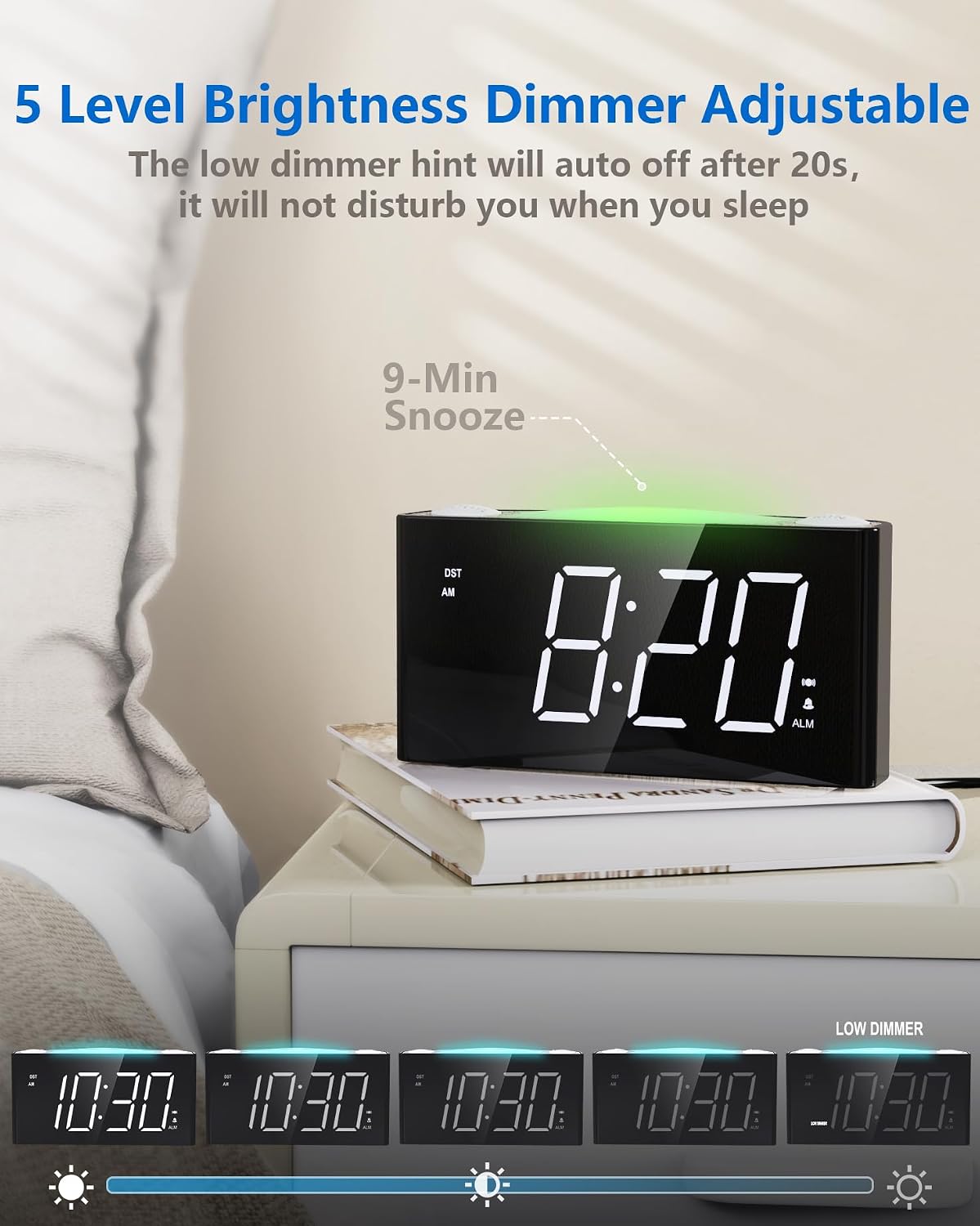 Vibrating Alarm Clock with Bed Shaker for Heavy Sleepers, Beside Clock with Night Light for Bedrooms, 2 USB Chargers,Large LED Display with Dimmer,Snooze 12/24H DST, Battery Backup | Powerful bed shaker with 3 wake modes, large dimmable LED display,