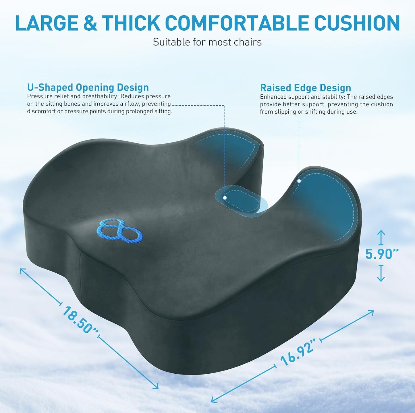 BlissTrends Memory Foam Seat Cushion for Office Chair & Car Seat, Black | 4.7in Ergonomic Tailbone & Sciatica Support with Removable Velvet Cover for Pressure Relief and Long Sitting Comfort