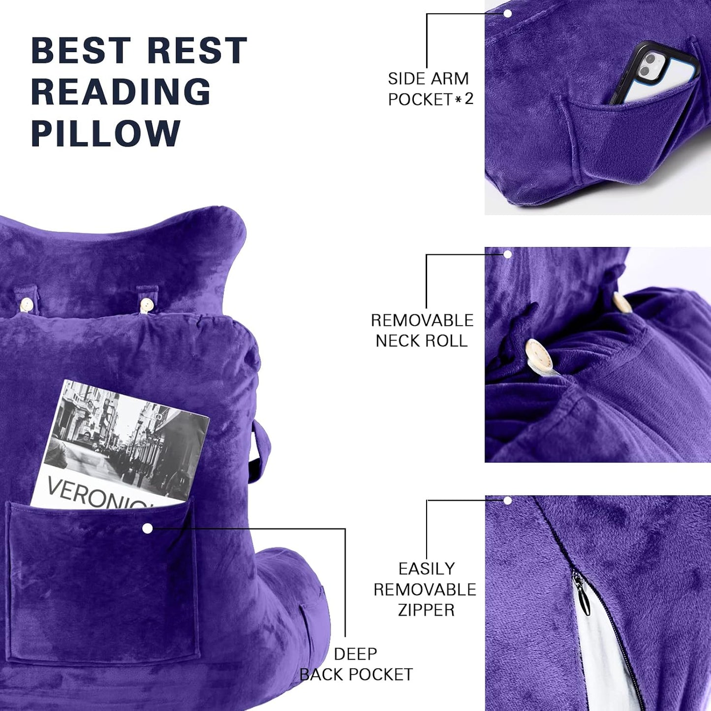 SLIGUY Reading Pillow-Bed Rest Pillow with Detachable Neck Roll & Support Arm for Sitting in Bed Couch or Floor-Backrest Reading Pillow Adult Back Pillow for Reading/Watching TV/Gaming,Dark Grey