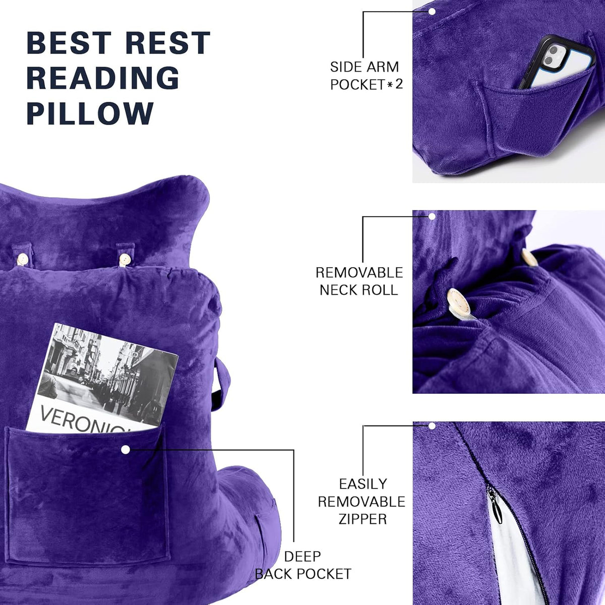 SLIGUY Reading Pillow-Bed Rest Pillow with Detachable Neck Roll & Support Arm for Sitting in Bed Couch or Floor-Backrest Reading Pillow Adult Back Pillow for Reading/Watching TV/Gaming,Dark Grey