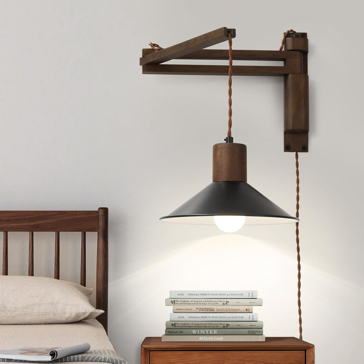 maesta Plug in Wall Lamp, Wood Swing Arm Wall Sconce for Bedroom