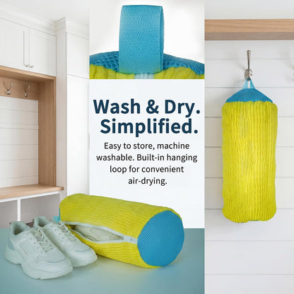 Shoe Washing Machine Bag Built-in Bristles | 2 Pack with Shoe Crease Protectors, for Women & Men, Yellow, Reusable Sneaker Laundry Bag for Washer and Dryer