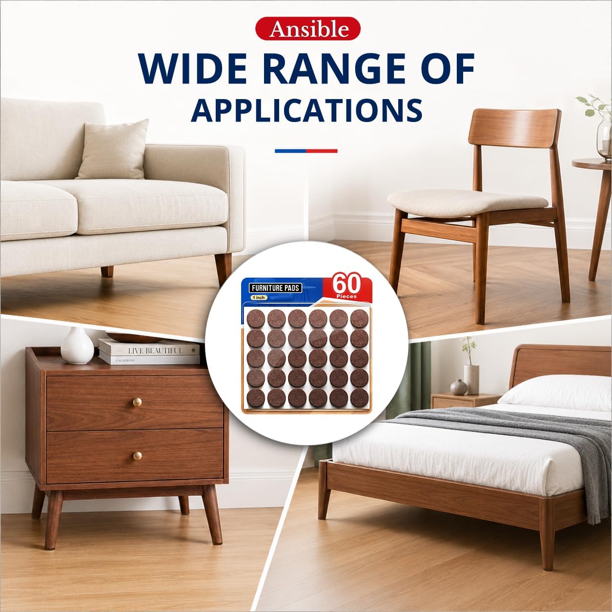 Ansible Felt Furniture Pads Chair Leg Floor Protectors 1" 60PCS | Felt Pads for Hardwood Floors,Self-Adhesive, Reduce Noise and Anti-Scratches,Easy to Install,Beige,Round