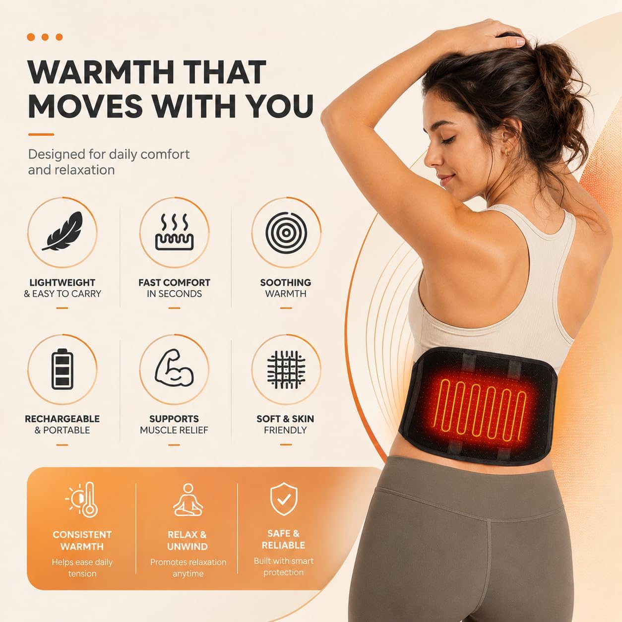 Heated Waist Belt, Cordless Lower Back Heating Pad, Black | Supports both battery-powered and adapter-powered use,Three-level adjustable temperature, rechargeable battery