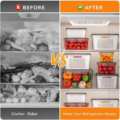 4 in 1 Food Storage Container with Lid, 2026 New Fruit Storage Containers for Fridge, Transparent Produce Storage Box with Drain Basket & Removable Colander for Salad Berry Vegetables (Blue, S/M/L)