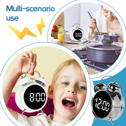 Loud Alarm Clock for Heavy Sleepers Adults, Teens,Kids,Retro Metal Twin Bell 4 Inch,Large Big Numbers Display with Backlight, Small Bedside Digital Clock for Bedrooms (Silvery)