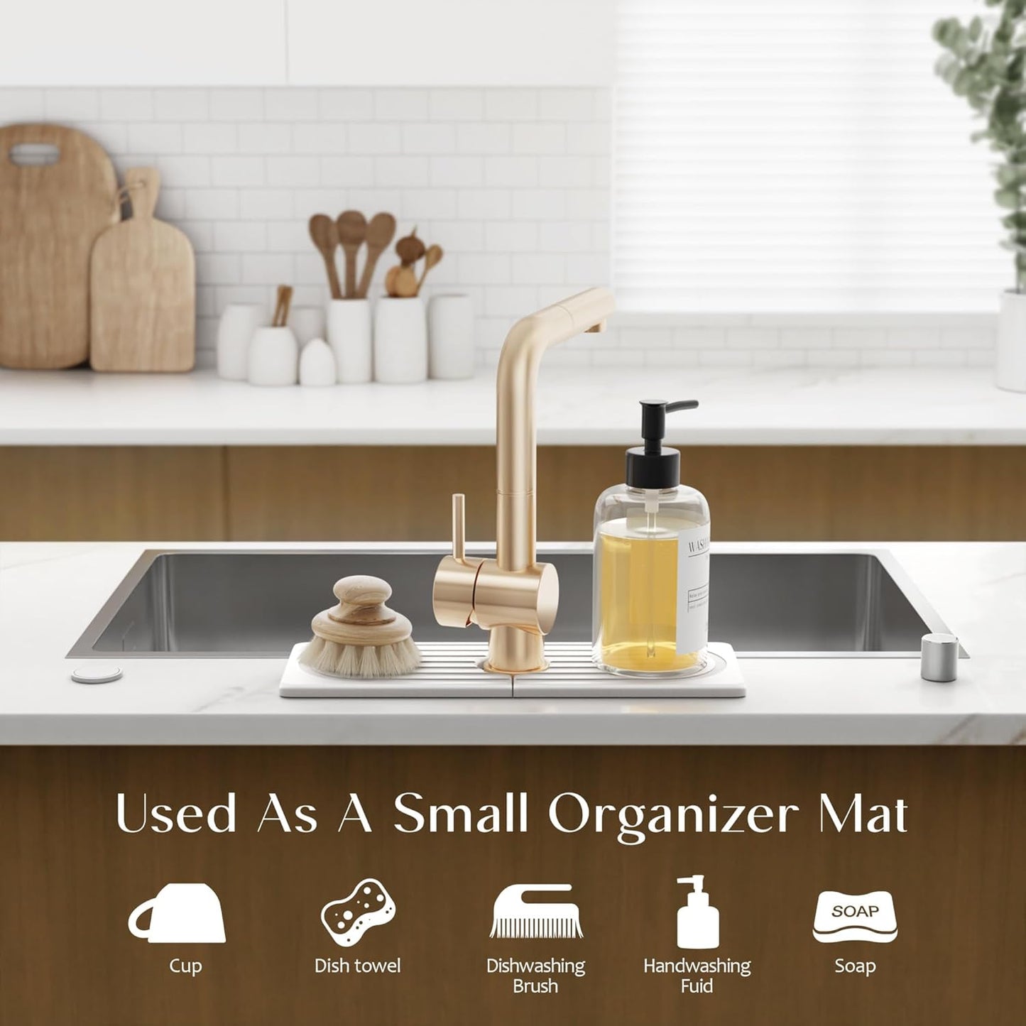 Stone Faucet Mat for Kitchen Sink – Diatomite Drying Stone Mat & Sink Protector, Prevents Moisture – Sink Splash Guard Water-Absorbing Stone Tray for Bathroom Counter (Light Grey, 20" x 3.9")