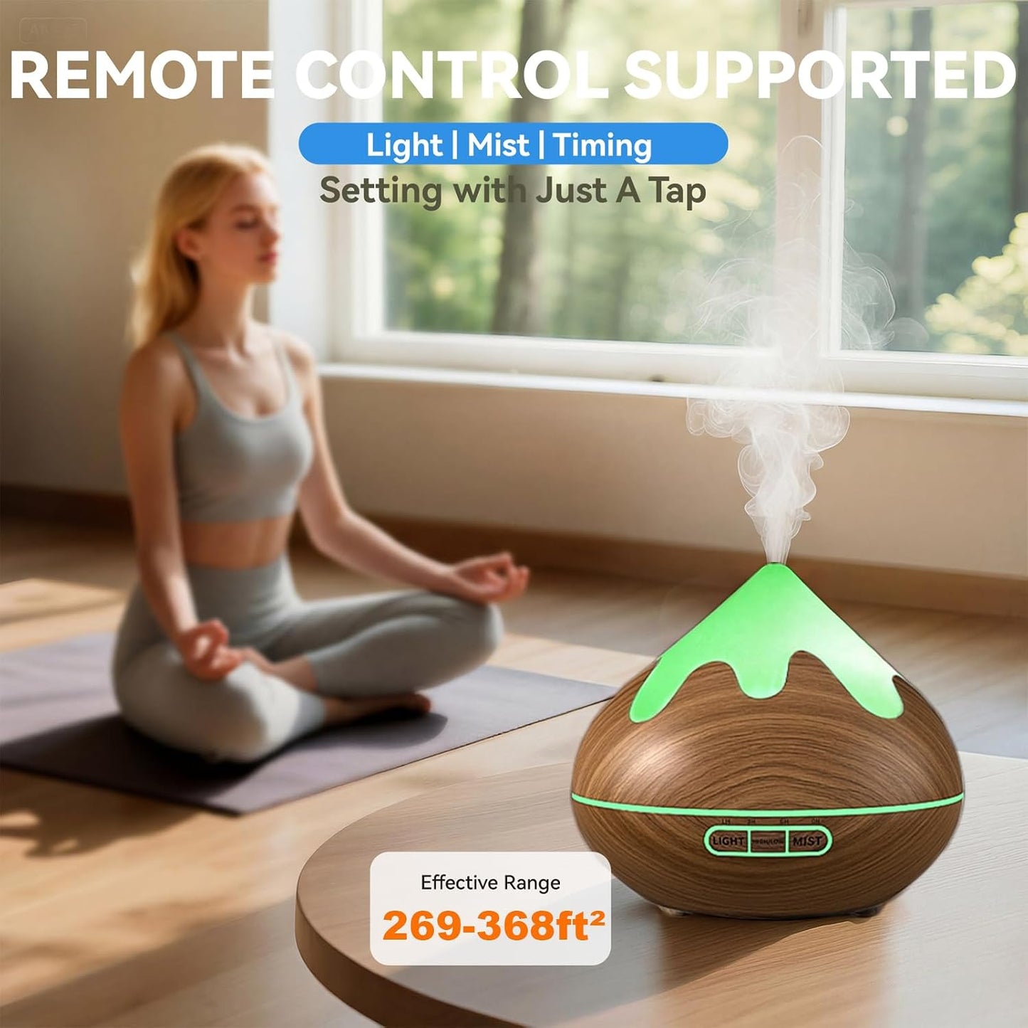 500ML Essential Oil Diffuser, Aromatherapy Diffuser with Remote Control, Multifunctional Air Diffusers for Home Office Room, Fragrance Aroma Diffuser with 7 Color LED & 2 Mist Mode, Brown