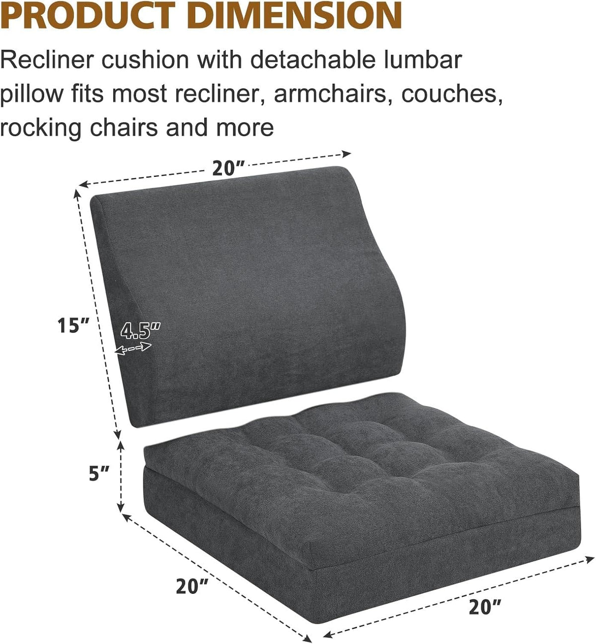 Recliner Cushion for Elderly with Lumbar Support Pillow - 20x20x5 Inch Extra Thick Recliner Seat Cushion for Seniors Relief Back Pain and Tailbone Pain from Long Sitting Non-Slip Bottom