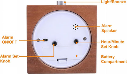 Wooden Analog Alarm Clock Silent Battery Operated with Night Light