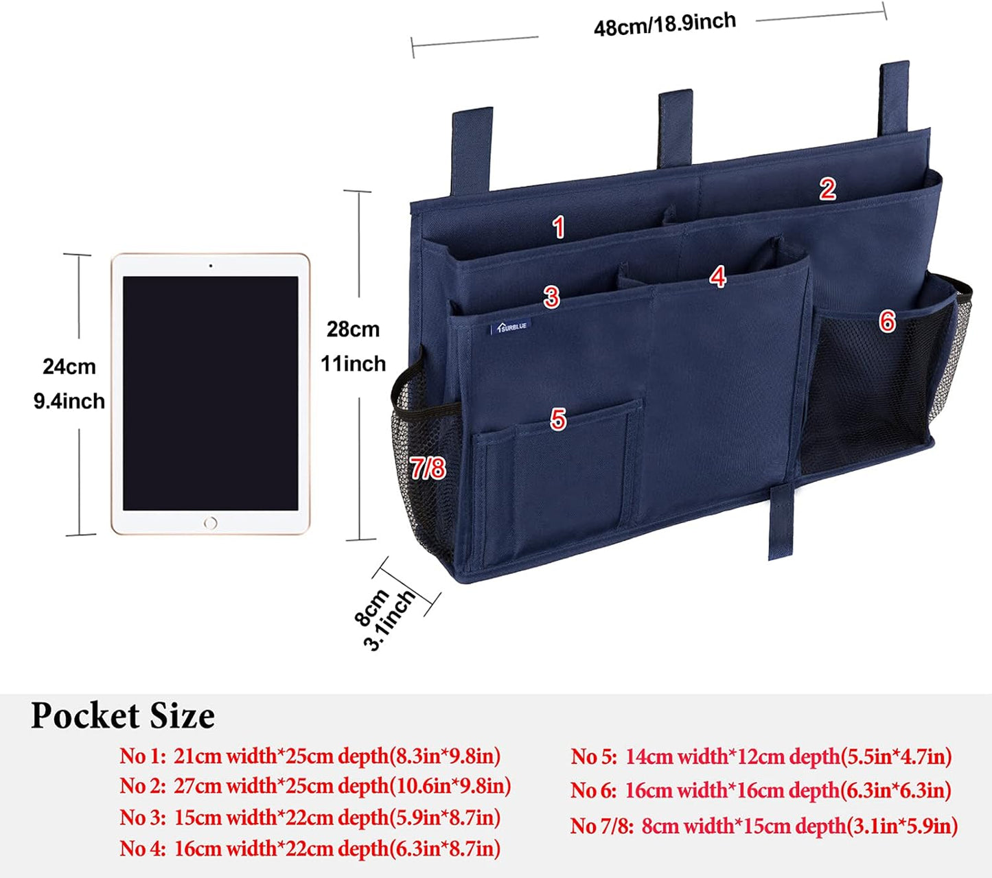 Surblue Bedside Caddy Hanging Organizer Storage Bag Pocket for Bunk, Hospital, College Dorm Rooms, Baby Bed Rails, Camp - 4 Pockets, 2 Hooks (Blue)