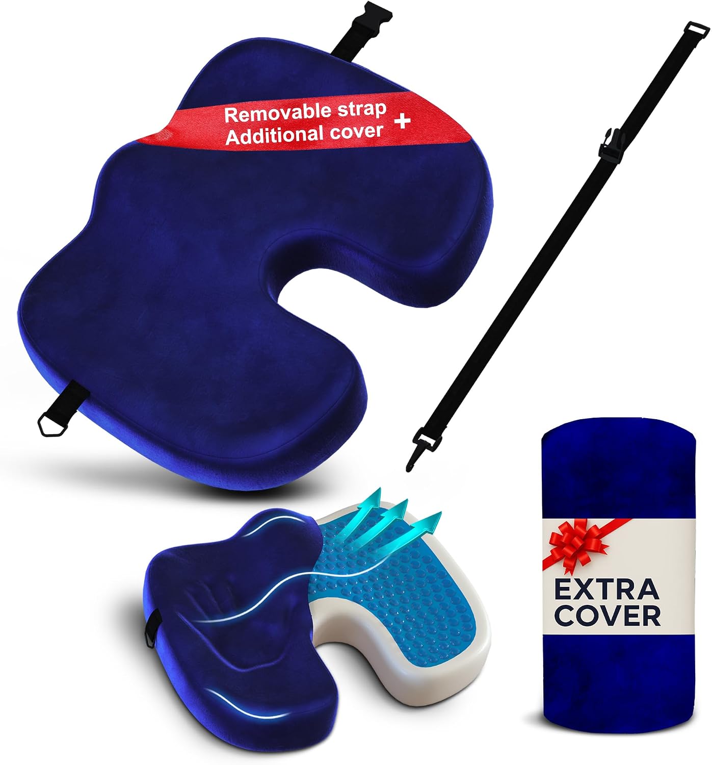 Gel Seat Cushion – Navy Blue Flannel Pillow with Velvet Removable Cover – Ergonomic Sponge Support for Office with Adjustable Strap