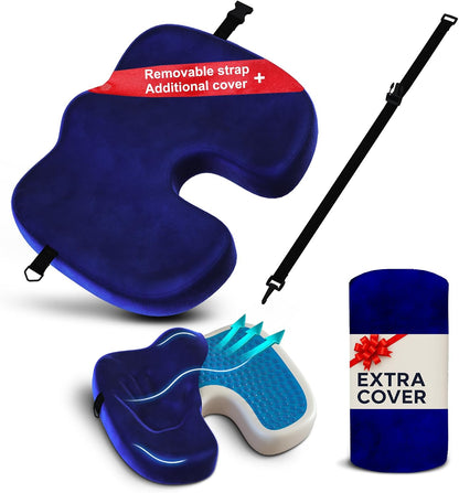 Gel Seat Cushion – Navy Blue Flannel Pillow with Velvet Removable Cover – Ergonomic Sponge Support for Office with Adjustable Strap