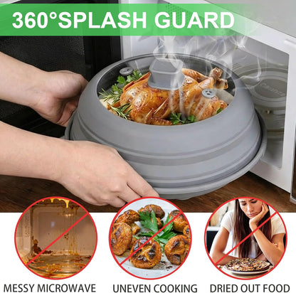 Microwave Splatter Cover for Food, 3-in-1 Glass & Silicone Microwave Cover with Anti-Scald Base Plate and Silicone Mat,Collapsible Vented Guard Lid, BPA-Free, Dishwasher Safe, 11 Inch (Large-Gray)