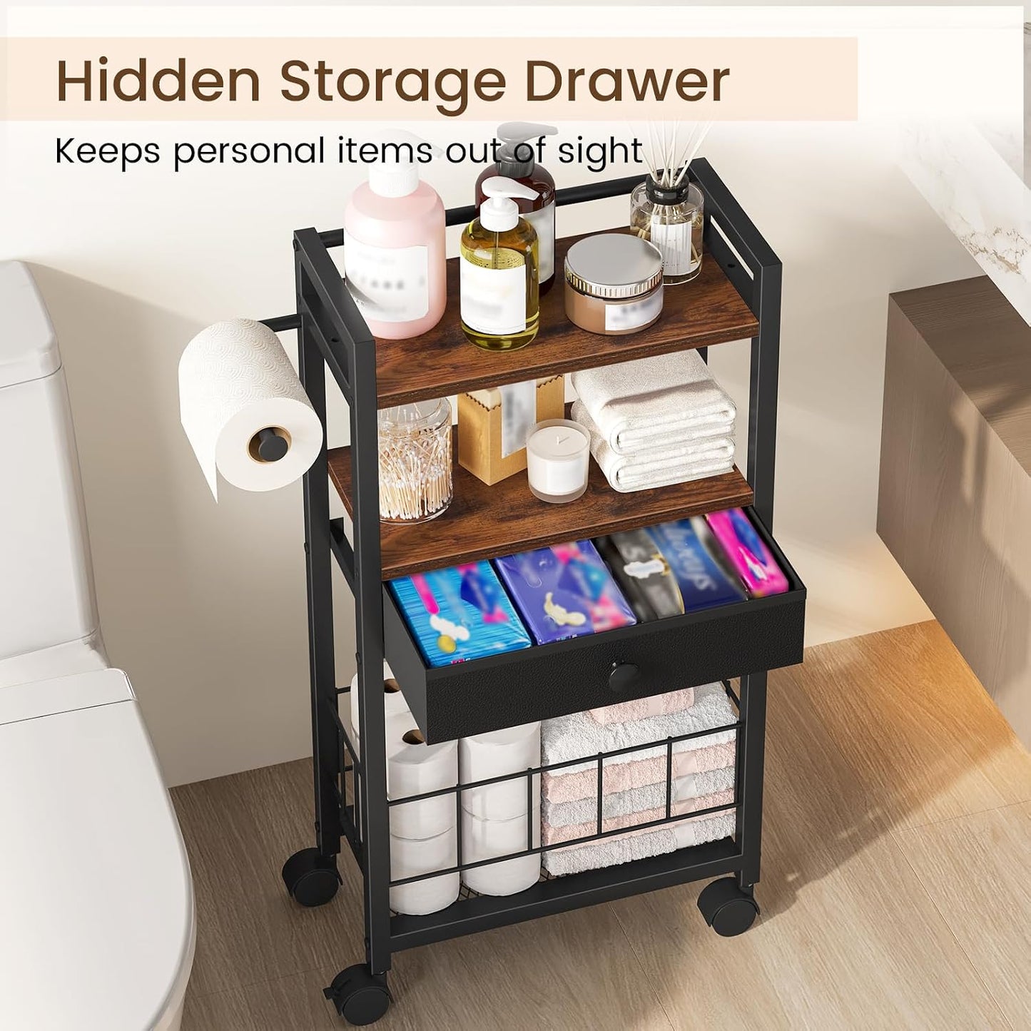 Snughome Freestanding Toilet Paper Holder with Storage Drawer, 4-Tier Rolling Toilet Paper Holder Stand with Wheels, Shelf & Basket, Bathroom Magazine Rack for Phone & Extra Rolls (Rustic Brown)