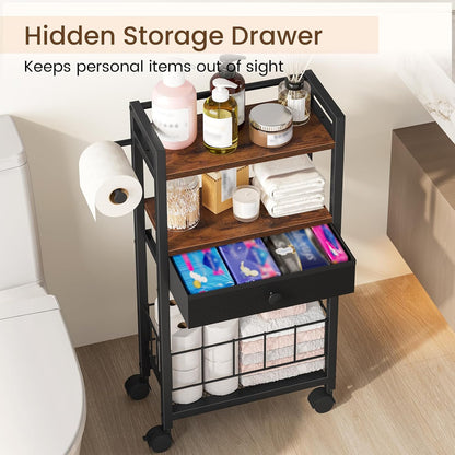 Snughome Freestanding Toilet Paper Holder with Storage Drawer, 4-Tier Rolling Toilet Paper Holder Stand with Wheels, Shelf & Basket, Bathroom Magazine Rack for Phone & Extra Rolls (Rustic Brown)