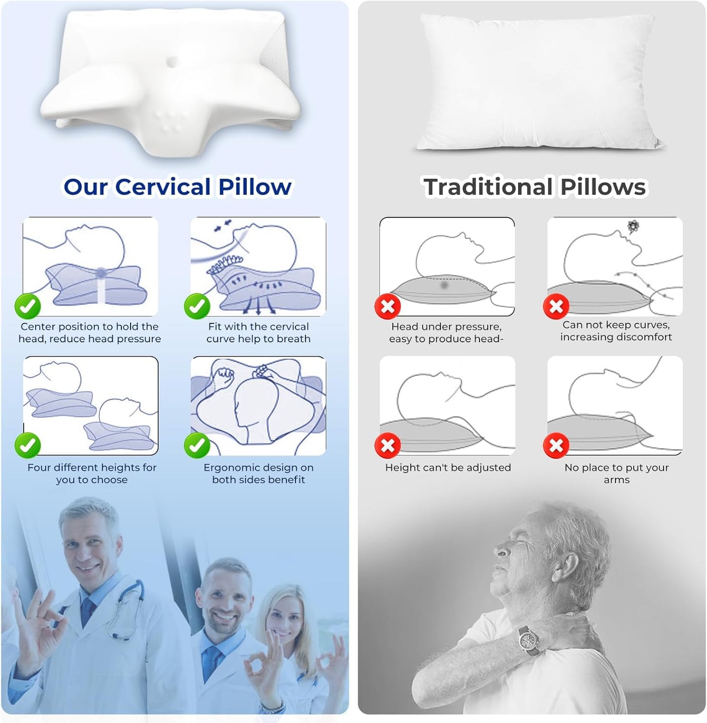 Cervical Pillow for Neck Pain Relief, Cooling Contour Memory Foam Pillows Support Odorless Ergonomic Neck Pillow Adjustable Orthopedic Bed Pillow for Side Back Stomach Sleeper with Pillowcase,Snow