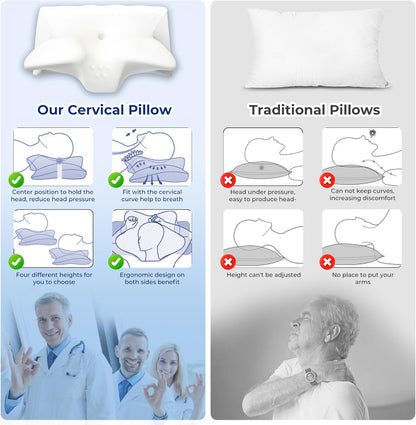 Cervical Pillow for Neck Pain Relief, Cooling Contour Memory Foam Pillows Support Odorless Ergonomic Neck Pillow Adjustable Orthopedic Bed Pillow for Side Back Stomach Sleeper with Pillowcase,Snow