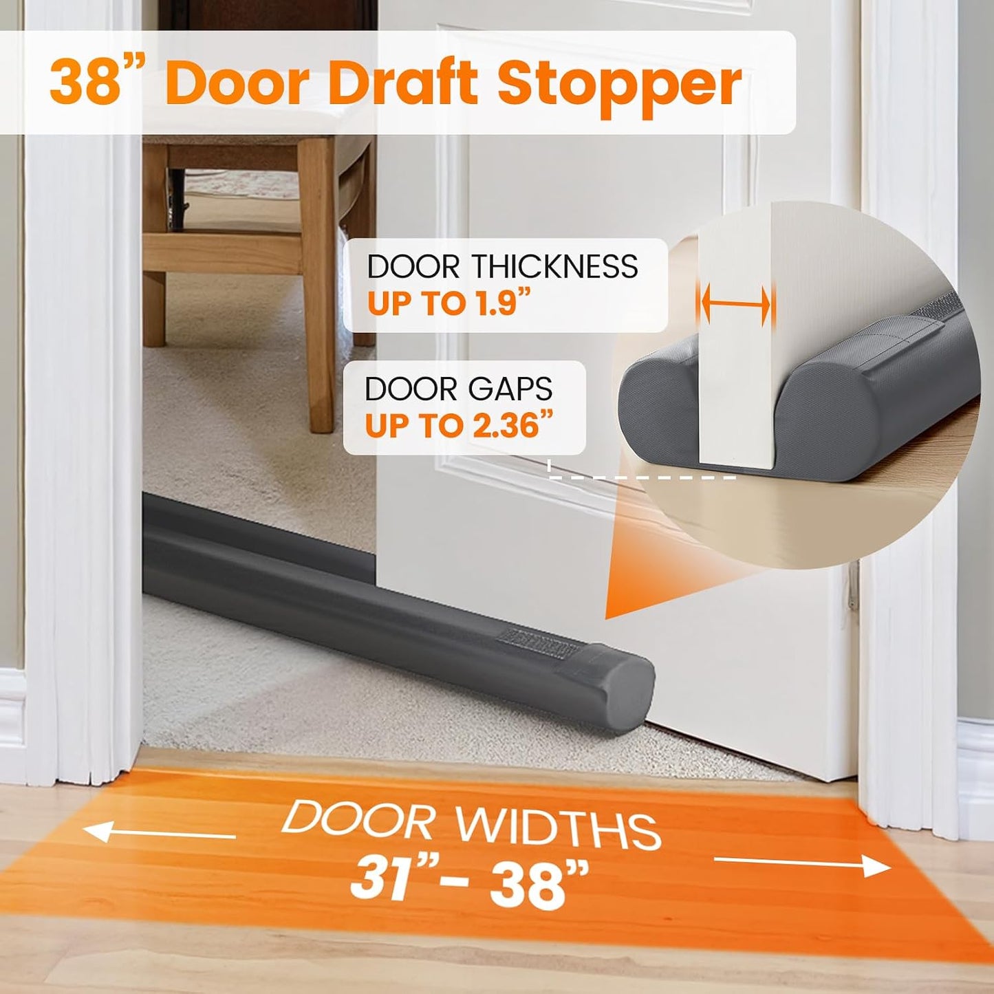 Door Draft Stopper, Under Door Draft Stopper for Bottom, 36 in, Black | Adjustable Size, Covers Gap up to 2.36 in, Easy Install, Blocks Cold air, Light, Reusable, for Bedrooms & Kitchen