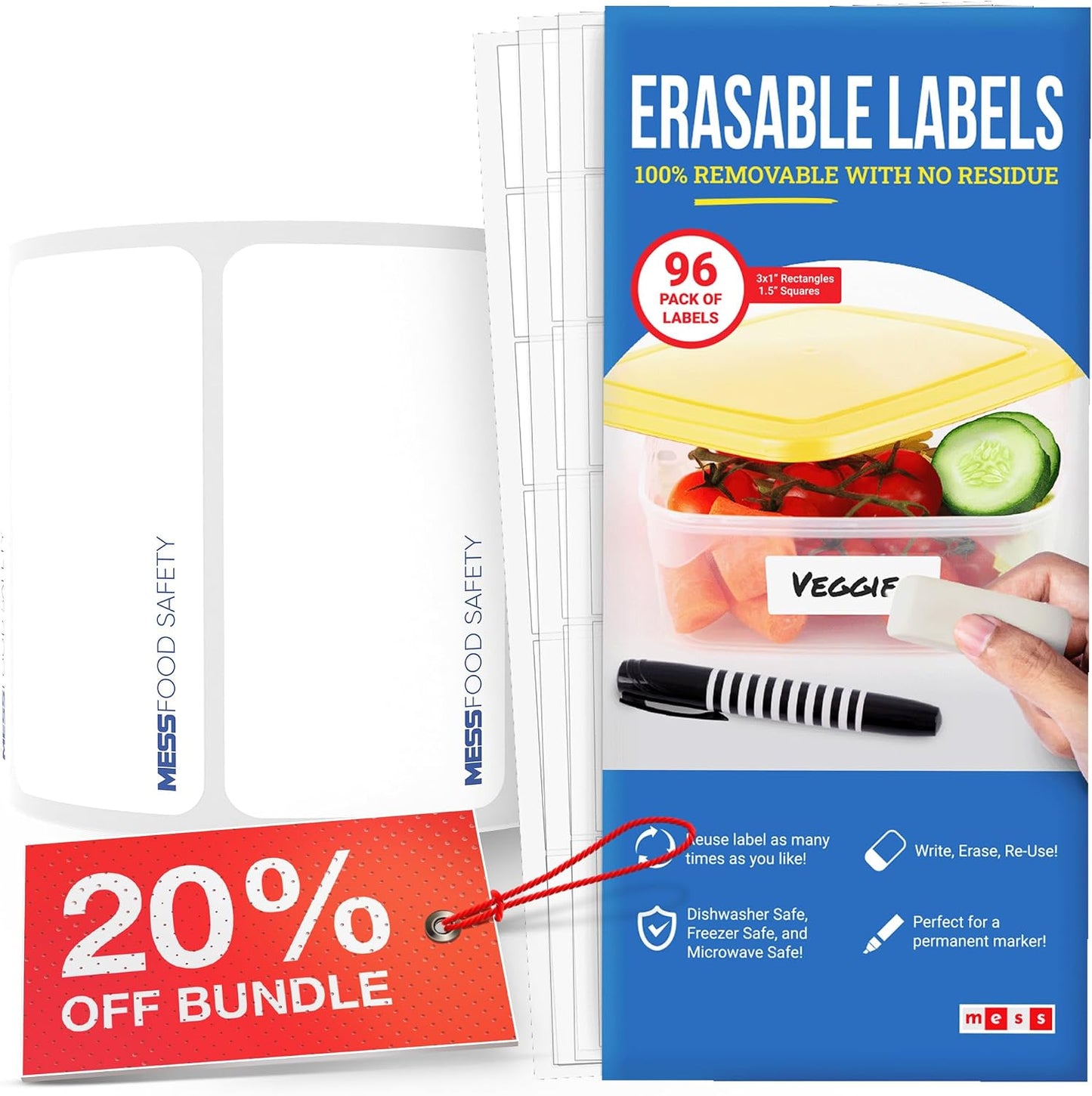MESS Erasable Labels for Food Containers (Two Sizes 1.5" & 1x3 & 1x2) - Multipurpose Organizing Labels - Freezer & Fridge Safe