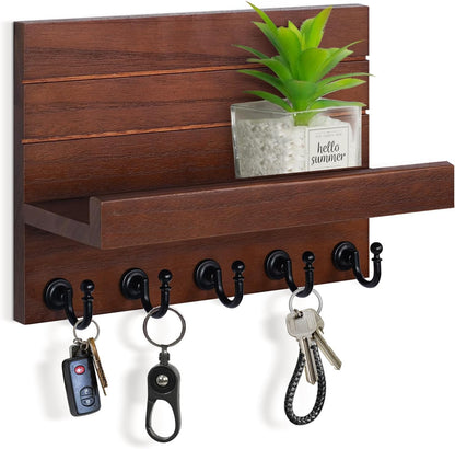 HONJIN Key Holder Wall Mount with Shelf and 5 Sturdy Key Hooks (White) | Key and Mail Holder Wall Mount, Wooden Entryway Organizer and Decorative, Easy Installation, 10*3.8*6.85 Inch